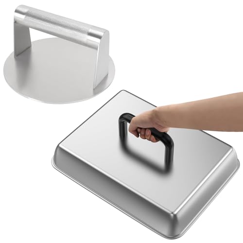 6.2" Burger Press & 14" Melting Dome Set for Blackstone Griddle Accessories | Food-grade stainless steel. Melts cheese fast, presses patties evenly. Easy to clean. Fits most flat top grills. - size: 6.2'' Burger Press+14'' Rectangular Dome-2PCS