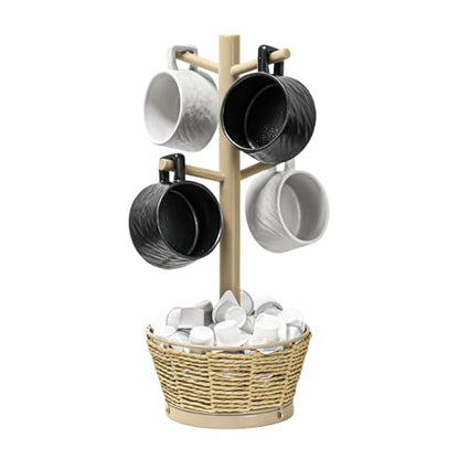 Wood Mug Holder Tree with Woven Basket, 4 Hooks Coffee Mug Holder, Countertop Mug Tree for Kitchen Counter Cabinet Coffee Bar Accessories Cup Display Organizer Hanger(Brown) - color: Brown