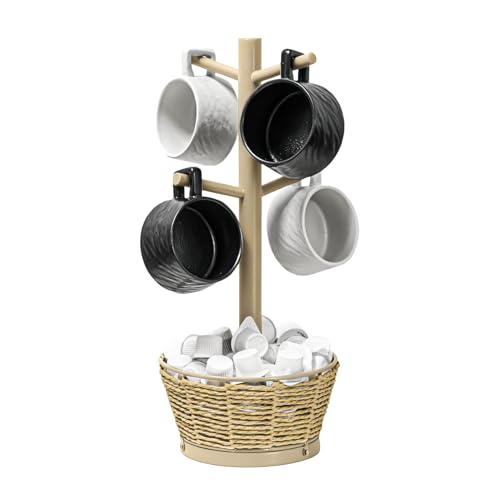 Wood Mug Holder Tree with Woven Basket, 4 Hooks Coffee Mug Holder, Countertop Mug Tree for Kitchen Counter Cabinet Coffee Bar Accessories Cup Display Organizer Hanger(Brown) - color: Brown