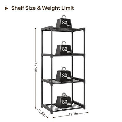 4-Tier Small Lightweight Storage Shelves with Plastic Connectors – Metal Shelf Organizer for Pantry, Closet & Bathroom, Space-Saving Sturdy Shelving Unit Rack, Black, 17.3" x 12.8" x 42.9" - size: 17.3" x 12.8" x 42.9"(4T)
