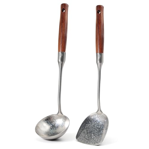 Newness Soup Ladle and Solid Turner, Pure Titanium Soup Spoon and Turner | [Rustproof, Heat Resistance] Resilient, with Long Ergonomic Natural Wooden Round Handle, Non-Toxic Cooking Spoon for Kitchen - size: Soup Ladle and Solid Turner