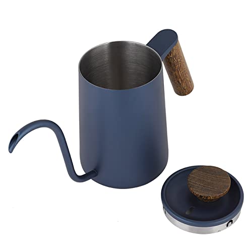 600ml Stainless Steel Gooseneck Coffee Pot, Wooden Handle Drip Kettle for Precise Coffee Brewing, Thermometer Hole for Lovers (Blue)
