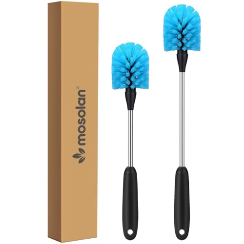 MOSOLAN Stainless Steel Water Bottle Brush, Long Handle Scrubbing Brush, Built for Cleaning Sports Bottles, Baby Bottles, Cups, Coffee Mugs, Glasswares, Wine Decanters, Flask, 2 Pack, 13 in - 15 in - size: 13-15 Inch (Pack of 2)