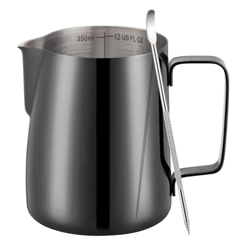 Amrules Milk Frothing Pitcher, 12 oz Milk Frother Cup with Clear Scale, 304 Stainless Steel Cappuccino Espresso Machine Accessories for Barista Coffee Bar with Latte Art Pen, Bright Black - color: Bright Black, size: 12 Ounces