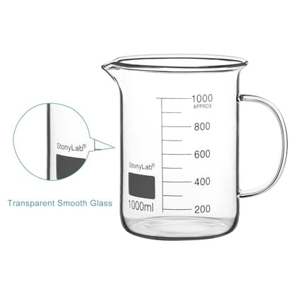stonylab Glass Beaker with Handle, Borosilicate Glass Graduated Low Form Griffin Beaker with Handle and Pouring Spout, 1000 ml - size: 1000 ml