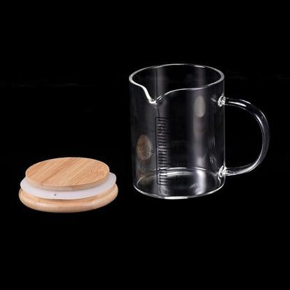 PATIKIL 250ml Glass Measuring Cup, 3.3 Borosilicate Glass Graduated Black Printed Scale Liquid Measure Cups Beaker with Wood Lid and V-Shaped Spout for Kitchen