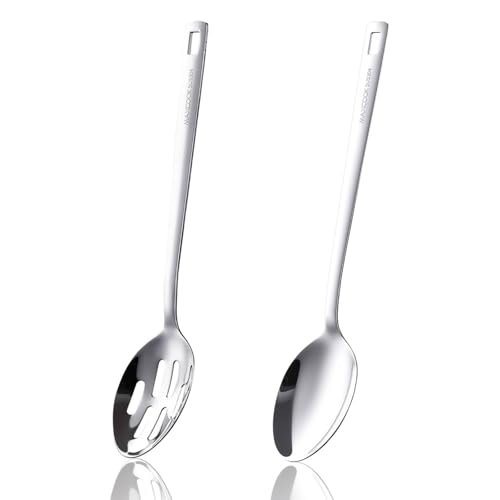 18/8 Stainless Steel Cooking Spoons Set - 2-Piece Solid Slotted Serving Spoon Cooking Utensils set for Pasta, Veggies, Salads (Dishwasher-Safe) - size: 18/8 Stainless Steel Salad Spoon Set of 2