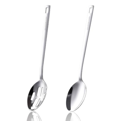 18/8 Stainless Steel Cooking Spoons Set - 2-Piece Solid Slotted Serving Spoon Cooking Utensils set for Pasta, Veggies, Salads (Dishwasher-Safe) - size: 18/8 Stainless Steel Salad Spoon Set of 2