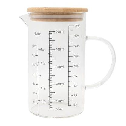 500ML Glass Measuring Cup with Bamboo Lid, High Borosilicate Glass Liquid Measuring Cups with Handle, Easy-Read OZ/Cup/ML Scales & V-Spout for Kitchen, Baking, Coffee, Restaurant