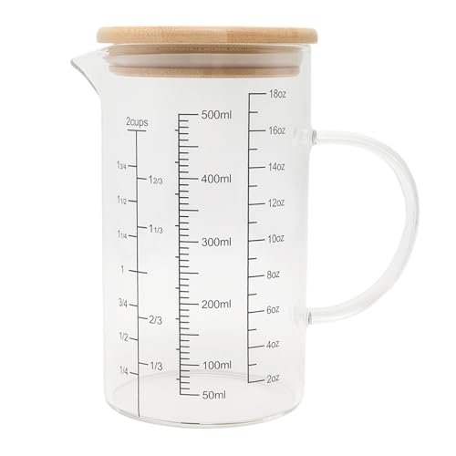 500ML Glass Measuring Cup with Bamboo Lid, High Borosilicate Glass Liquid Measuring Cups with Handle, Easy-Read OZ/Cup/ML Scales & V-Spout for Kitchen, Baking, Coffee, Restaurant