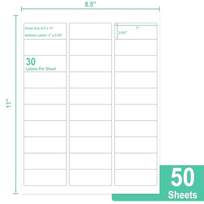L LIKED Printable Address Labels, 1" x 2-5/8", 1,500 Labels, 30 per Sheet, Mailing Labels for Envelopes (50 Sheets) - size: 50 Sheets