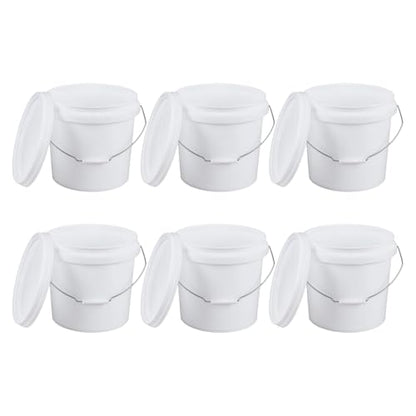 6 Pack 4-Gallon White Bucket with Lid, Food-Grade Bucket Pail | BPA-Free Durable Plastic Pail for Storage and Food Prep, Metal Handle With Plastic Grip, Stackable