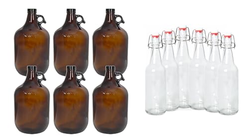 1 Gallon (128 oz) Amber Glass Jugs (Pack of 6) With 38mm Cap with Pack of 6 Clear 16-20oz Growlers with Flip Top Airtight Silicone Seal For Beverages - color: 6 Amber Jug & 6 Clear Growlers