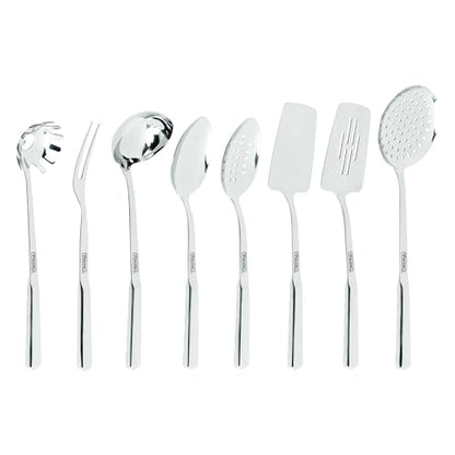Viking Kitchen Utensils Set, 8 Piece Stainless Steel Cooking Utensil Set, Includes Spatulas, Spoons, Pasta Fork, Deep Ladle, Meat Fork, and Skimmer, Silver - style: 8-Piece Set