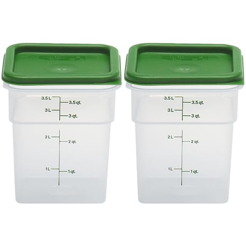 Cambro Food Storage Container with Lid (Microwave Safe and BPA-Free) - 2 Pack - Classic Series Square with Green Lid - 4 QT (Quart) - Commercial Grade for Food Prep (Translucent) - size: 4 QT + Lid