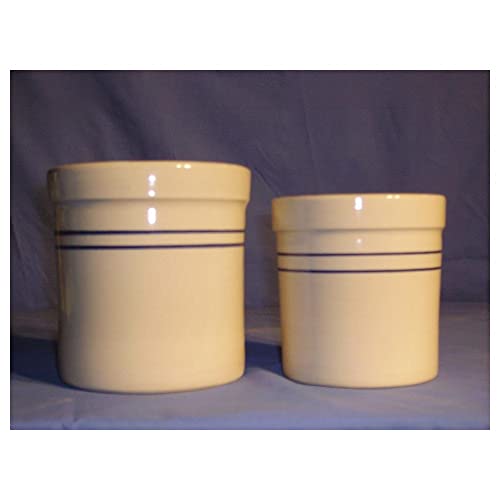 Pickling Fermenting Crock - Tan with Blue Stripe Stoneware Jar, 1/2 Gallon Capacity