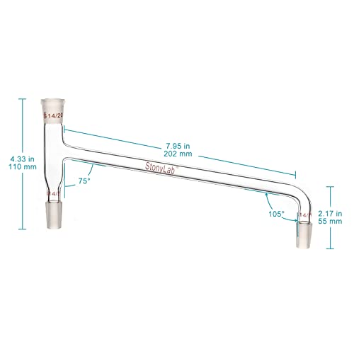 stonylab Borosilicate Glass 75 Degree Bent Distilling Adapter, with Two 14/20 Inner Joints and One Outer Joint, for Laboratory Distillation - size: 14/20 Joint