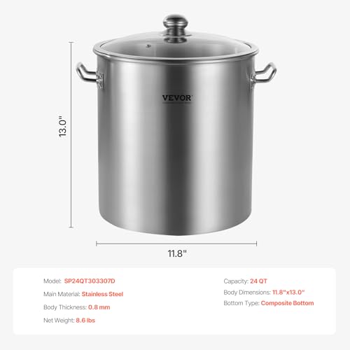 VEVOR Stainless Steel Stockpot, 24 Quart Cooking Pots, Cookware Sauce Pot with Lid, and Handle, Heavy Duty Commercial Grade Stock Pot, Sanding Treatment, for Steaming Boiling or Frying Silver - size: 24 Quarts