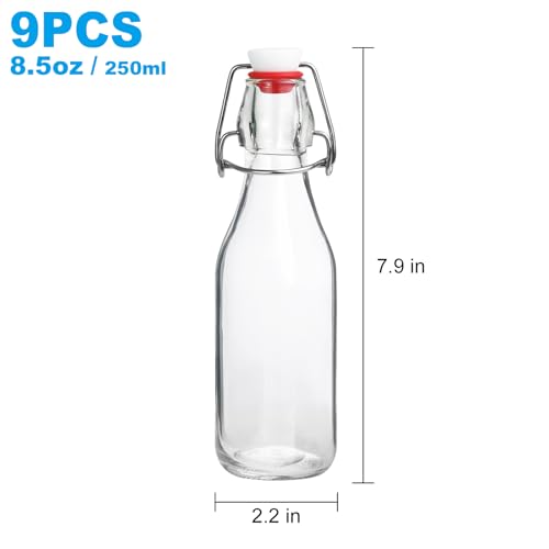 Swing Top Bottles,8.5oz 9 Pack Flip Top Glass Bottle with Airtight Grolsch Closures, Reusable for Kombucha, Beer, Cold Brew, Homemade Beverages & Storage