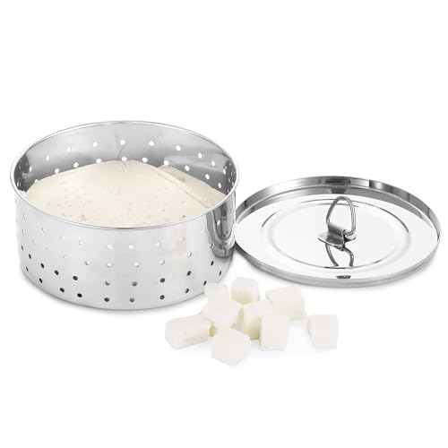 KSJONE Stainless Steel Round Paneer Maker/Mould/Strainer Perfect for Making Delicious Tofu, Stainless Steel Paneer Maker with Top Pressing Lid - Size 5.5"W x 5.5"L x 2.3"H inches - size: Round