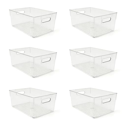 6 Pack Thick Clear Stackable Storage Bins, Cabinet Organizer, Plastiic Containers with Handle for Kitchens, Bathrooms and Fridge and Desktop