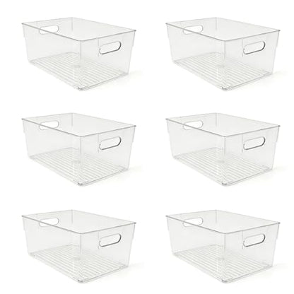 6 Pack Thick Clear Stackable Storage Bins, Cabinet Organizer, Plastiic Containers with Handle for Kitchens, Bathrooms and Fridge and Desktop