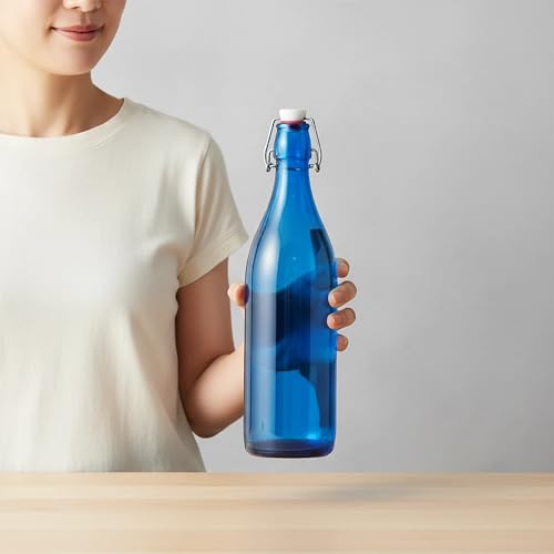 Fox Run Blue Flip Top Glass Bottle, 1 Liter Air Tight Bottle with Flip Top Lid, 12.5" x 3.4"