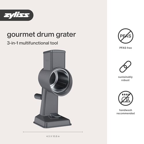 Zyliss Rotary Cheese Grater, Aluminium, 3 Steel Drum Blades, Cheese, Vegetable, Chocolate, Nut, Fruit Grater with Handle, Non-Slip Suction Foot and Table Clamp, 5 Year Guarantee - style: Grater and Drums