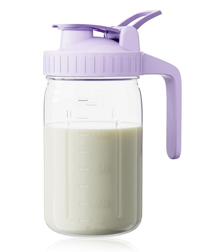 Breast Milk Pitcher, Mason Jar 32 oz, Heavy Duty Wide Mouth Jar with Purple Flip Cap Lid and Pour Spout, Formula Pitcher Airtight Seal for Freshness and Convenience, Great for Cold Beverages - color: Purple, size: 32 Ounces