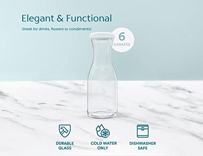 Glass Carafe Pitchers, by Kook, Mini Carafes- set of 6, Beverage Dispensers, Clear Jugs For Mimosas, Water, Wine, Milk and Juice, with Plastic Lids, Dishwasher Safe 17.3 oz - color: Set of 6, 17 oz (Mini)