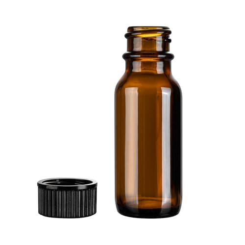 Restaurantware Vetri 0.5 Ounce Boston Glass Bottles, 48 Sample Bottles With Black Phenolic Caps - Dishwashable, Round, Amber Glass Bottle, For Potion, Juice, Ginger Shots, Whiskey, Liquids - color: Amber, size: 0.5 oz