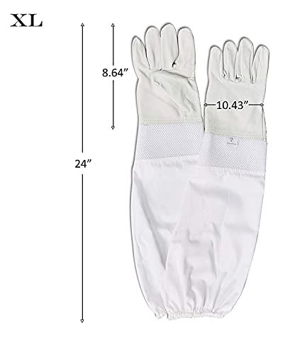 Beekeeping Supply Goatskin Leather Beekeeper Gloves with Vent Long Canvas Sleeve & Elastic Cuff XL