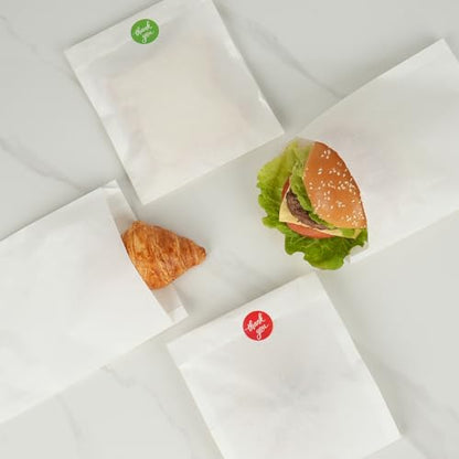 200 Pack White Paper Sandwich Bags with Seal Stickers, 6"×8"×1" Grease Resistant Cookie Sleeves Pasrty Bags for Lunch Packing, Treats, Snacks, Bagels, Baked Goods - color: White
