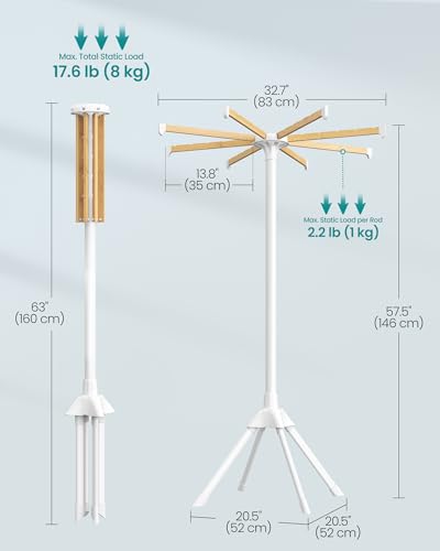 SONGMICS Clothes Drying Rack, with Bamboo Hanging Rods, Foldable Metal Laundry Rack, Space-Saving, Free-Standing Airer, Indoor Use, White and Natural ULLR516W01 - size: 1 Tier