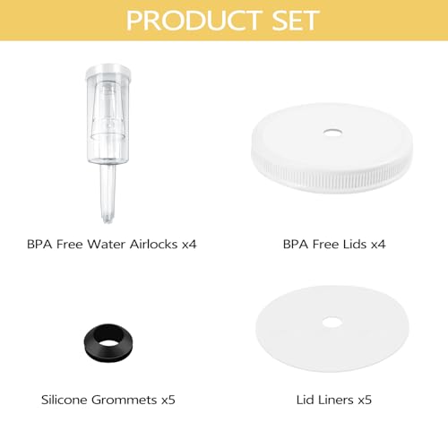 Artcome 18 PC Airtight 1 Gallon Fermentation Lid with Airlock - Transform Gallon Jar Into a Fermenter - Perfect for Pickles, Hard Kombucha, Beer, Wine, Cider - Gallon Lid with Econolock Airlock - size: 4 airlocks + lids