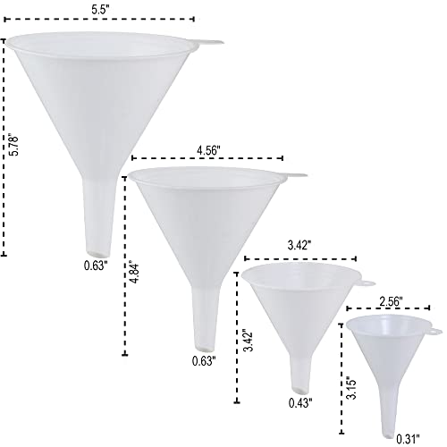 Plastic Funnel for Automotive Use - Kitchen Funnels for Filling Bottles, Jars, Containers or Lab Use - Oil Funnel for Gas, Car Oil, Lubricants and Fluids (White-4 Pack)