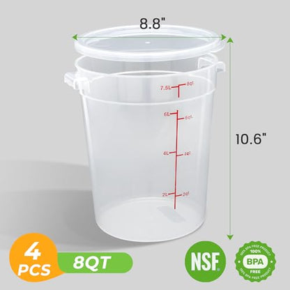 BIEAMA 4 Pack 8 Qt Round Food Storage Containers with Lids, Translucent PP | Include lids, labels, measuring cups and containers with capacity markings for food prep, pantry storage and dough proofing. - color: 8Qt Round-4 Pack