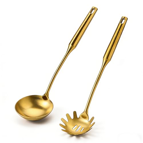 Gold Ladle Stainless Steel Strainer & Serving Spoons Set Premium Pasta Strainer for Cooking, Stirring, Serving Pasta, Soup & Sauce - Heavy-duty Kitchen Utensils for Daily Use & Gifting