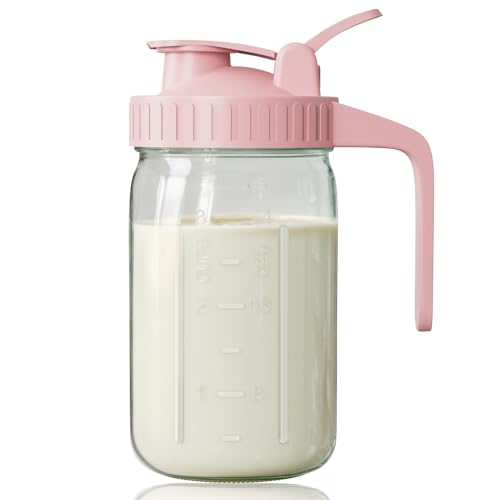 Breast Milk Pitcher, Mason Jar 32 oz, Heavy Duty Wide Mouth Jar with Pink Flip Cap Lid and Pour Spout, Airtight Seal for Freshness and Convenience, Great for Cold Beverages and Home Entertaining - color: Pink, size: 32 Ounces