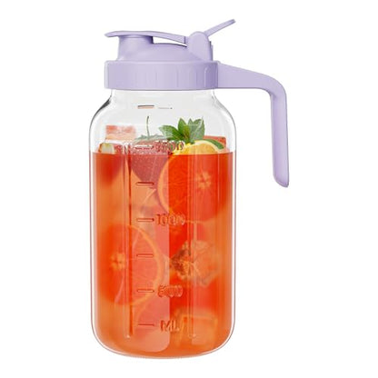 Glass Mason Jar Pitcher, 64 oz Wide Mouth Jug with Pour Spout Handle Lid for Cold Brew Coffee, Ice Beverage, Iced Juice, Lemonade, Sun Tea, Fruit Drinks Container(Purple) - color: Purple, size: 64 Ounces