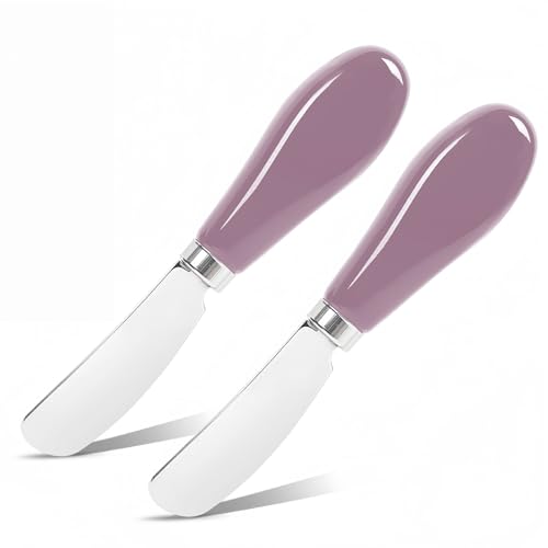 Butter Spreader Knife Set, 2-Pack Stainless Steel Cheese and Butter Knives with Ceramic Handle, Dishwasher Safe, for Soft & Hard Cheese, Jam, Cold Butter (Purple) - color: Purple