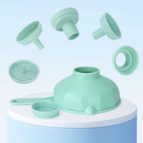 Wide Mouth Versatile Funnel, Canning Funnels for Kitchen Use, Food Grade Plastic Cooking Funnel Set with 4 Size Spouts and 2 Strainers for Filling Different Bottles and Bags, Blue