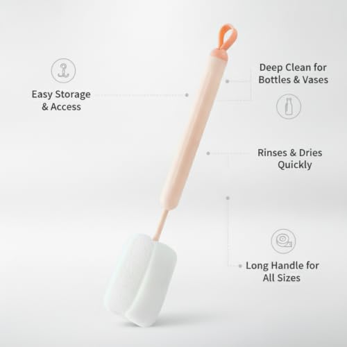Long Handle Bottle Cleaning Brush with Soft Sponge Head for Deep Cups, Narrow Neck Bottles & Vases - 13 Inch - color: Pink