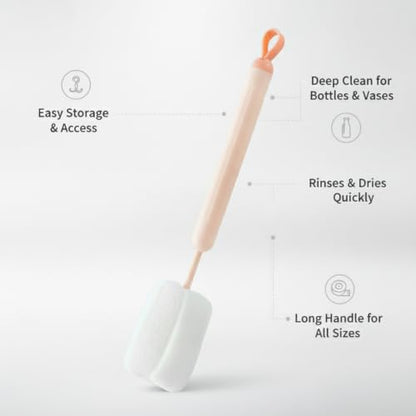 Long Handle Bottle Cleaning Brush with Soft Sponge Head for Deep Cups, Narrow Neck Bottles & Vases - 13 Inch - color: Pink