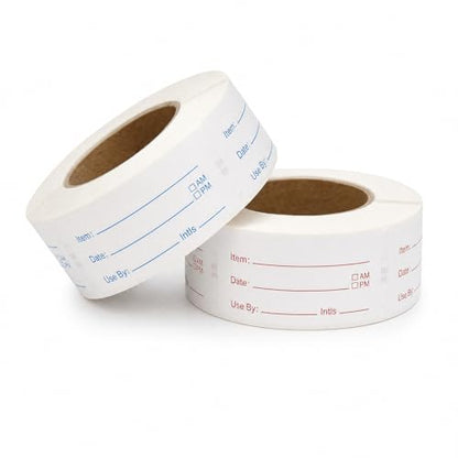 Food Labels for Containers, 2 Rolls, 500 Each, Meal Prep Kitchen Storage. | 1000 labels total. Writable fields Item Date Use By AM PM Initials. 1x2 inch labels for meal prep kitchen restaurant storage.