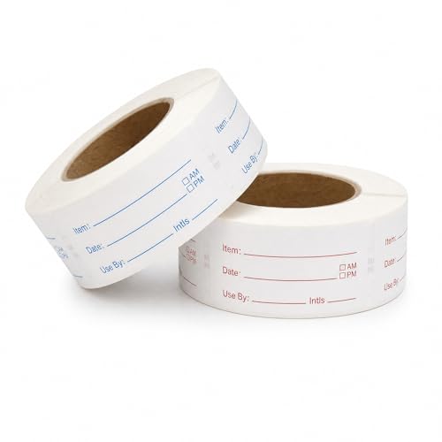 Food Labels for Containers, 2 Rolls, 500 Each, Meal Prep Kitchen Storage. | 1000 labels total. Writable fields Item Date Use By AM PM Initials. 1x2 inch labels for meal prep kitchen restaurant storage.