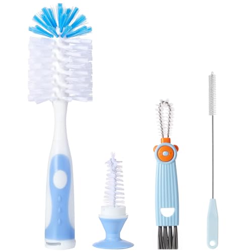 Baby Bottle Brush Set 4 in 1, Baby Bottle Cleaner, with 1P Nylon Bottle Brush, 1P Bottle Cap Brushes, 2P Straw Brushes, Bottle Brush with Nipple Cleaner and Suction Cup, BPA-Free(Blue) - color: Blue-nylon Brush