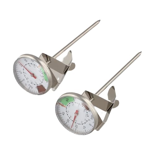 2-Piece Stainless Steel Milk Frothing Thermometer for Baristas, 1.73-Inch Fog-Resistant Dial, 30°F–210°F Range with Optimal Chocolate & Coffee Temperature Zones, Includes Adjustable Pitcher Clip