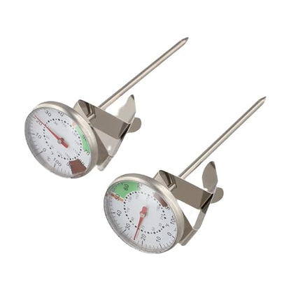 2-Piece Stainless Steel Milk Frothing Thermometer for Baristas, 1.73-Inch Fog-Resistant Dial, 30°F–210°F Range with Optimal Chocolate & Coffee Temperature Zones, Includes Adjustable Pitcher Clip