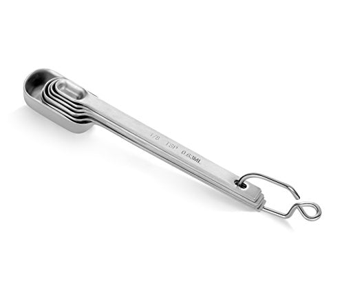 New Star Foodservice 43136 Stainless Steel 1/8 Measuring Spoons, Set of 6, Narrow Rectangular Measuring Spoon Set with Wall Mount Hook for Spices, Baking, Cooking, Silver